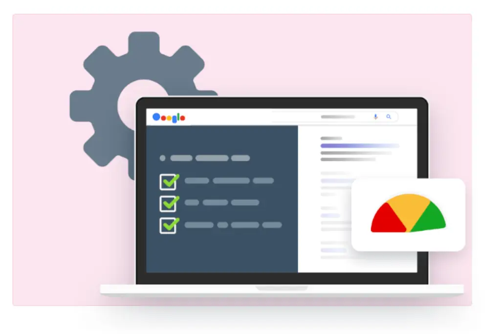 Laptop z wynikami wyszukiwania Google i wskaźnikiem szybkości strony