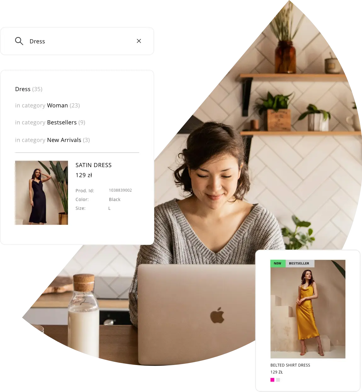 Kobieta przy laptopie i panel wyszukiwarki produktów w sklepie internetowym
